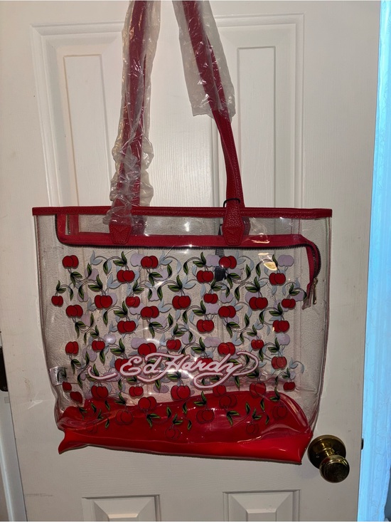 Ed Hardy Handbags - Ed Hardy Clear Cherry Print Tote with Red Trim